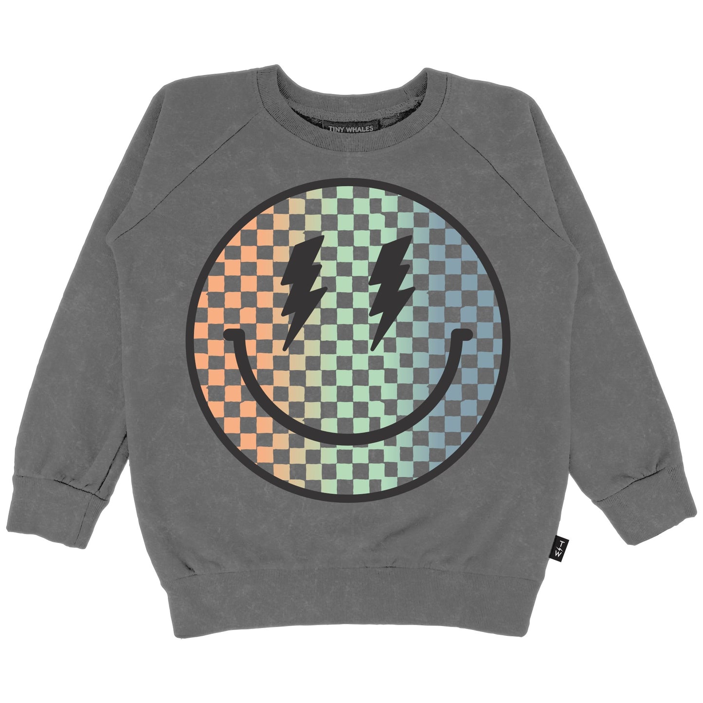 A gray crewneck sweatshirt with a multicolored checkered smiley face design in the center.
