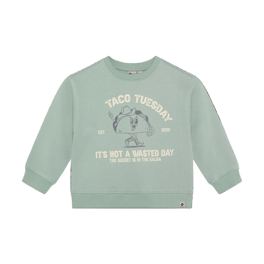 Light green sweatshirt with Taco Tuesday graphic design on back