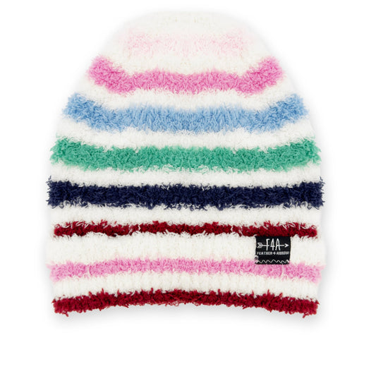 Multicolored striped beanie on a white background