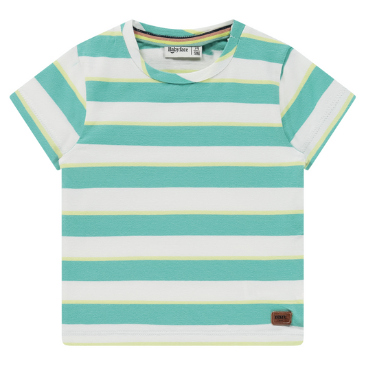 Striped t-shirt with green, yellow and white horizontal stripes