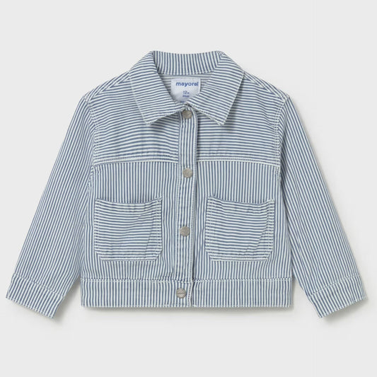 Blue and white striped jacket on a light gray background
