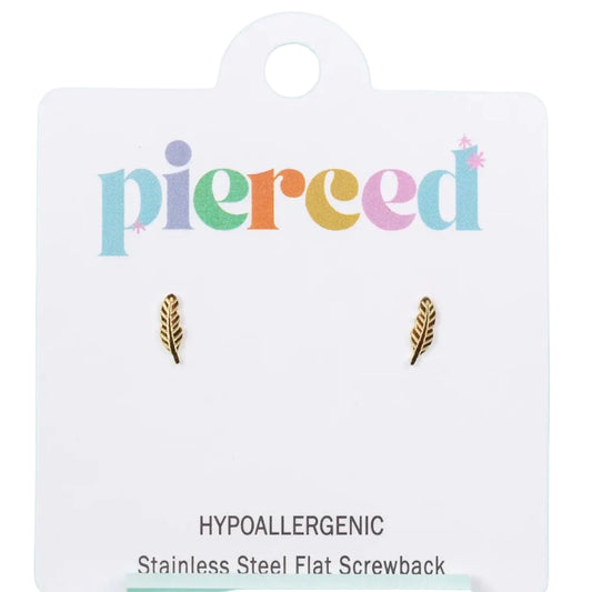 Feather-shaped earrings on a 'pierceed' branded card with a light blue background