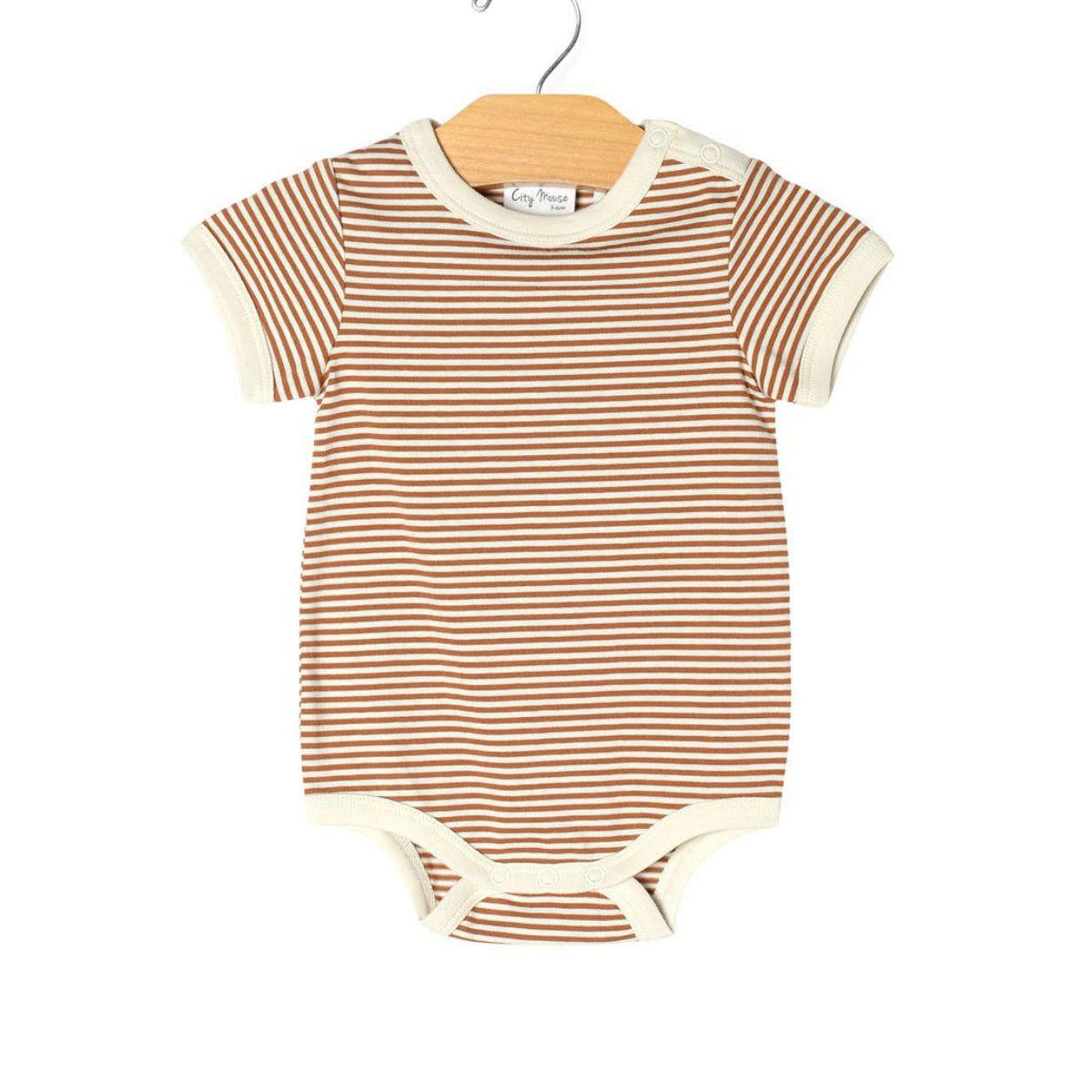 Striped baby bodysuit on a hanger