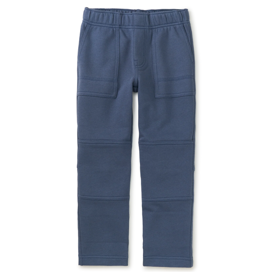 Blue kids playwear pants with reinforced knees and elastic waist
