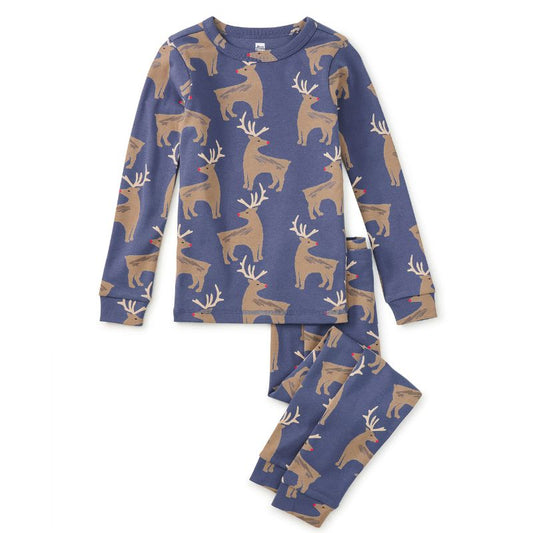 Children's pajama set with deer pattern on a blue background
