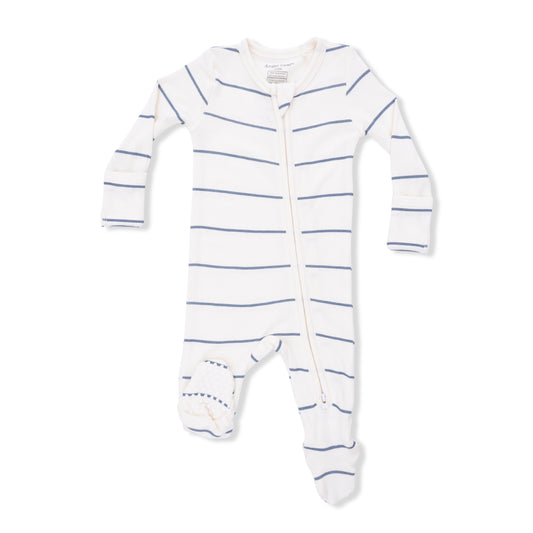 White baby footie with blue stripes with zip closure