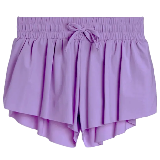 Purple shorts with a tie waist on a white background