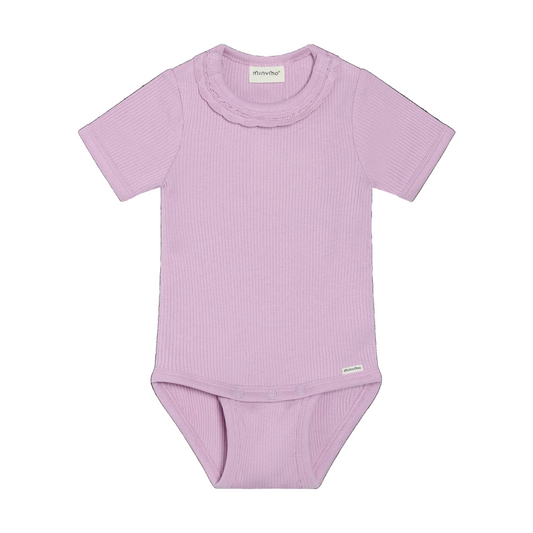 Purple baby onesie with short sleeves