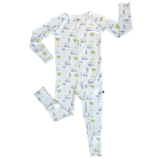 Baby convertible footie pajama in white with a golf theme all-over print