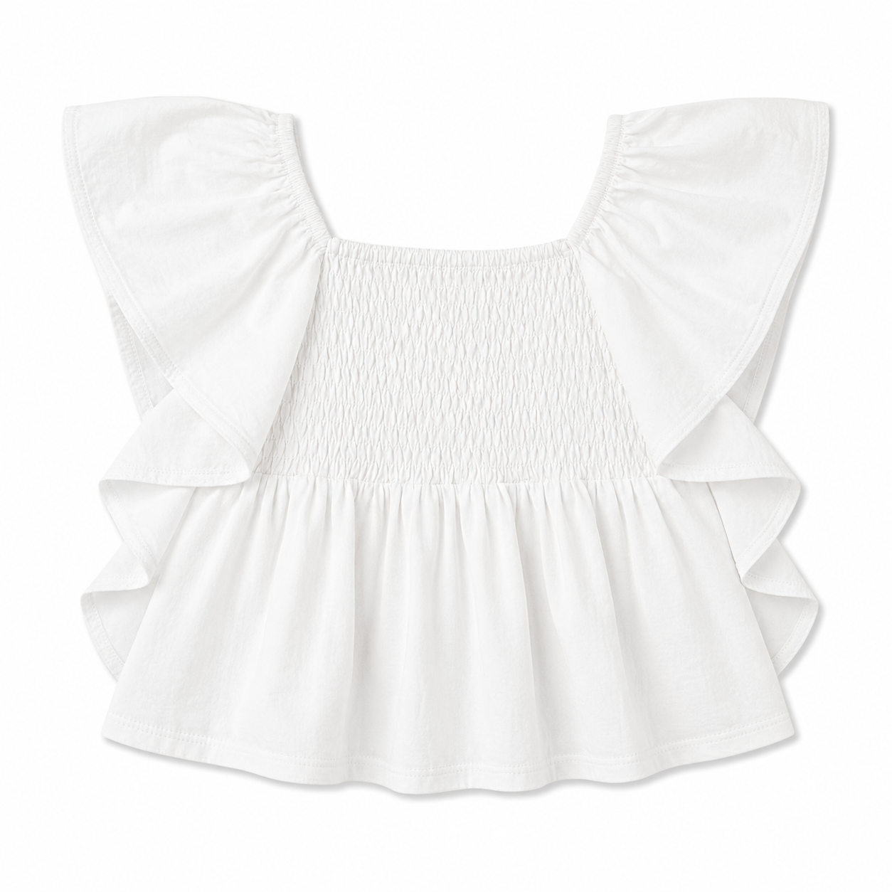 White blouse with ruffled sleeves and bottom on a white background