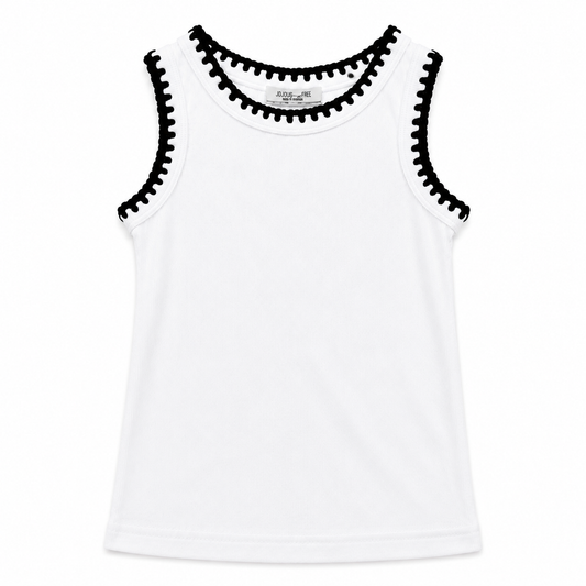 White tank top with black trim on a white background