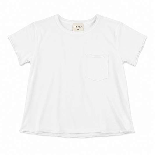 White t-shirt with a brand label on a white background
