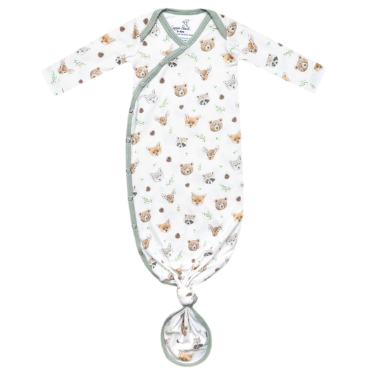 White baby knotted gown with woodland animal prints
