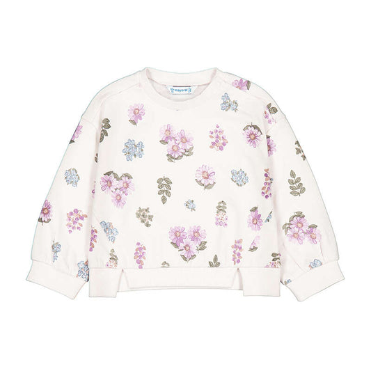 White sweatshirt with floral pattern on a white background