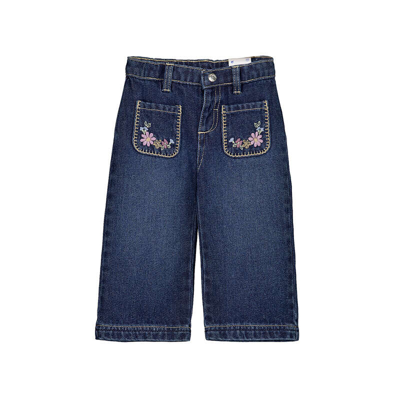 Blue jeans with floral embroidery on pockets on a white background
