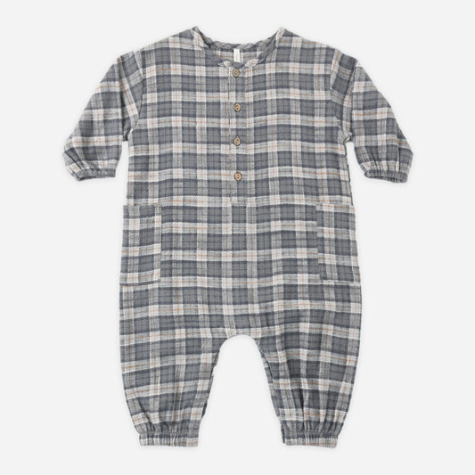 Rylee and Cru Winter Plaid Woven Romper, a relaxed cotton baby romper