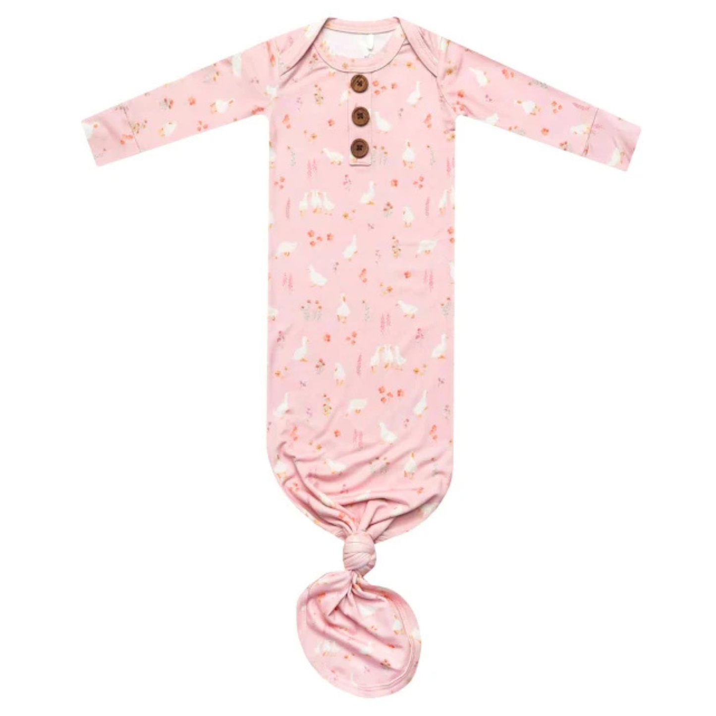 Pink duck print baby gown with wooden buttons