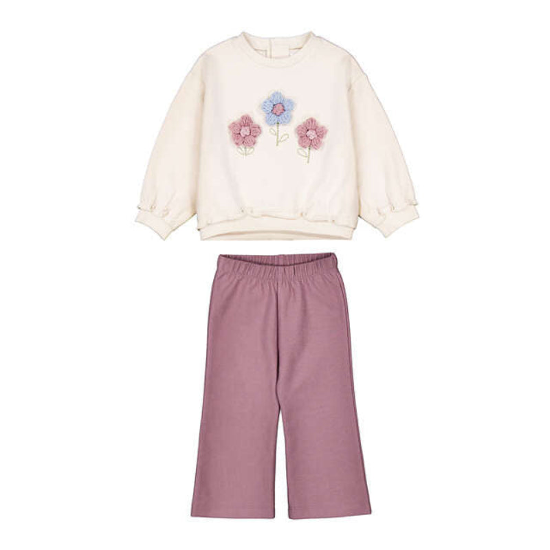 A two-piece children's outfit set featuring a cream-colored long-sleeve sweatshirt with embroidered flowers on the chest, paired with dusty rose wide-leg pants, displayed on a solid white background.