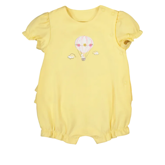 Yellow baby romper with hot air balloon design