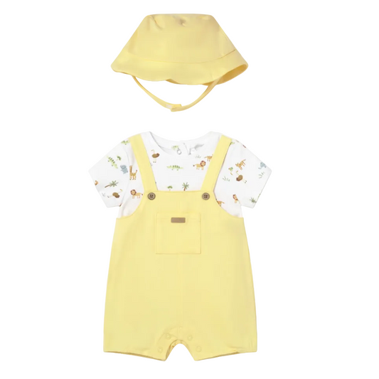 Baby outfit set with yellow romper, white shirt with animal print, and yellow hat