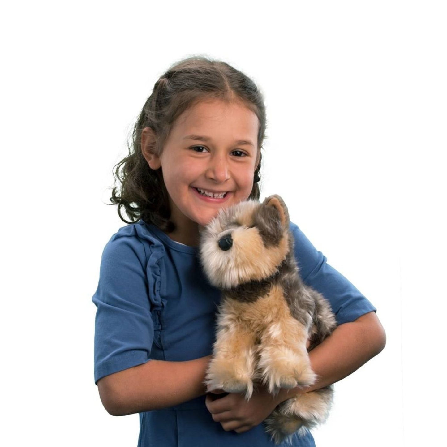 Silky Yorkie plush with realistic puppy-cut styling