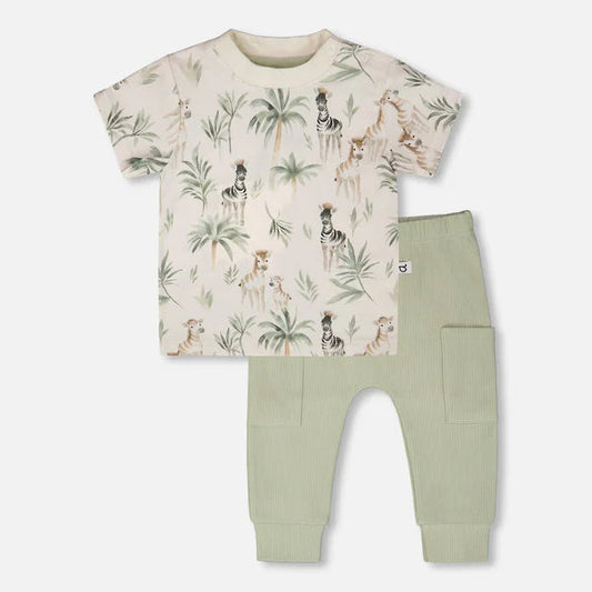 Zebra pattern on white tee, with sage green ribbed pants