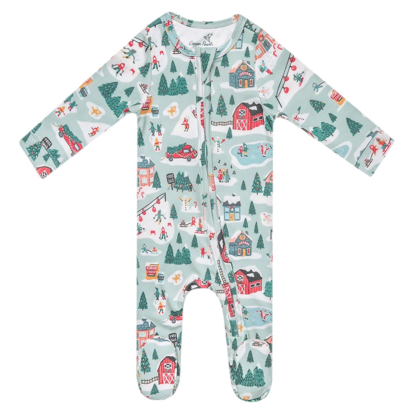 Baby onesie with winter village pattern on a white background