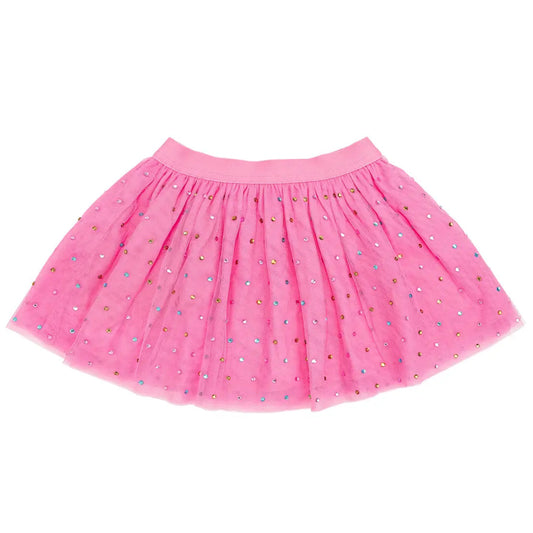 Pink tutu skirt with colorful dots on a white background