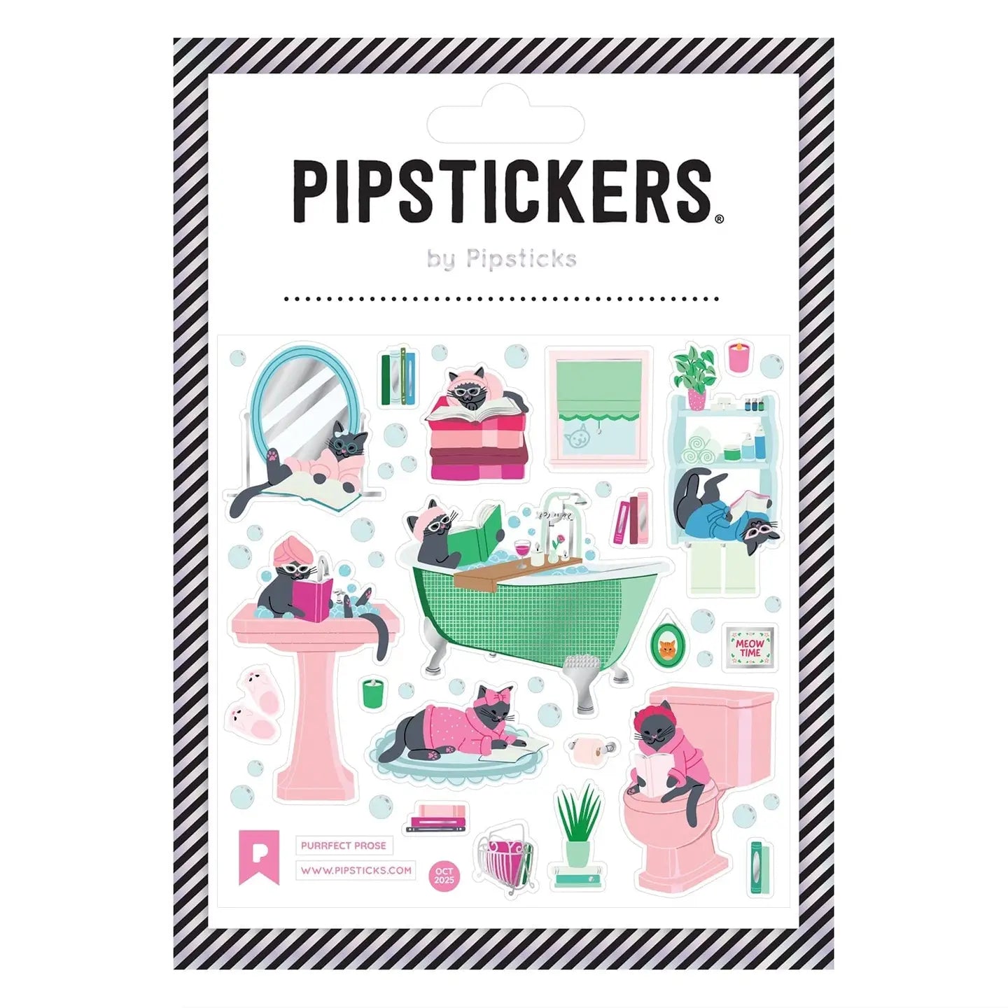 Packaging of Pipsticks stickers featuring cartoon cats in a bathroom setting.