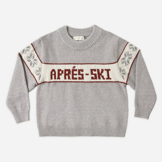 Child wearing the Apres Ski Reagan Sweater with a dusty blue fair isle pattern