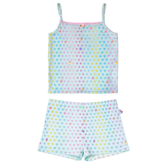 Blue pajama set with mutli colored heart pattern