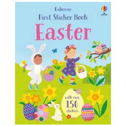 Usborne First Sticker Book Easter with children in bunny and chick costumes, flowers, and eggs on a green background.