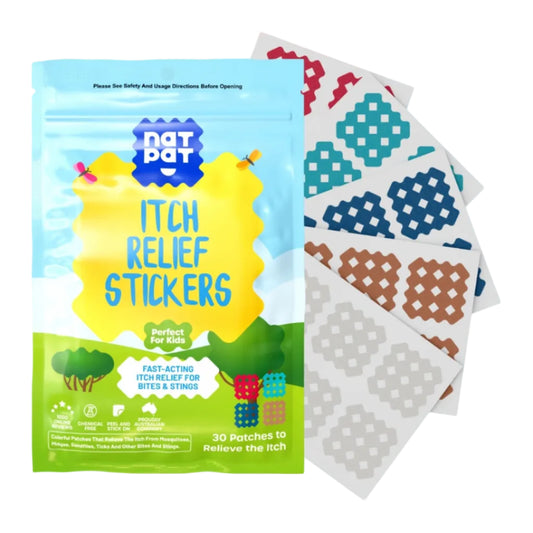 NAT-PAT itch relief stickers packaging with samples on a blue background