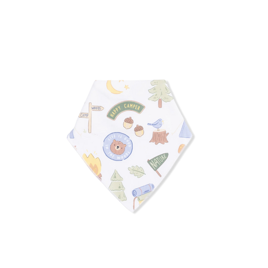 Baby bib with nature-themed design on a white background