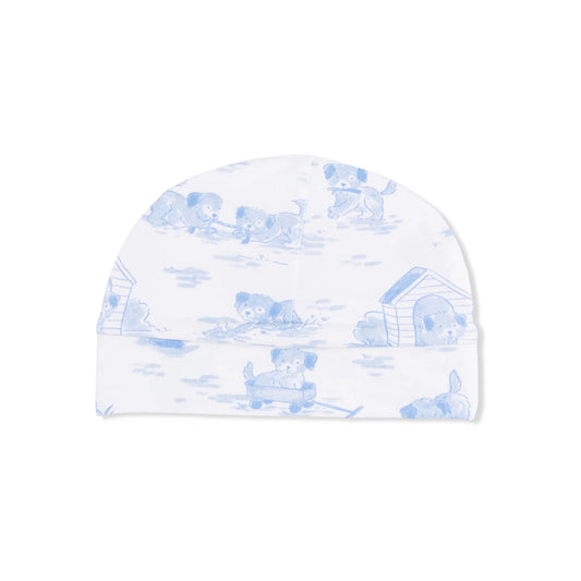 Baby hat with blue dog pattern on a white background