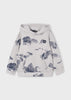 Gray hoodie with blue mountain pattern on a white background