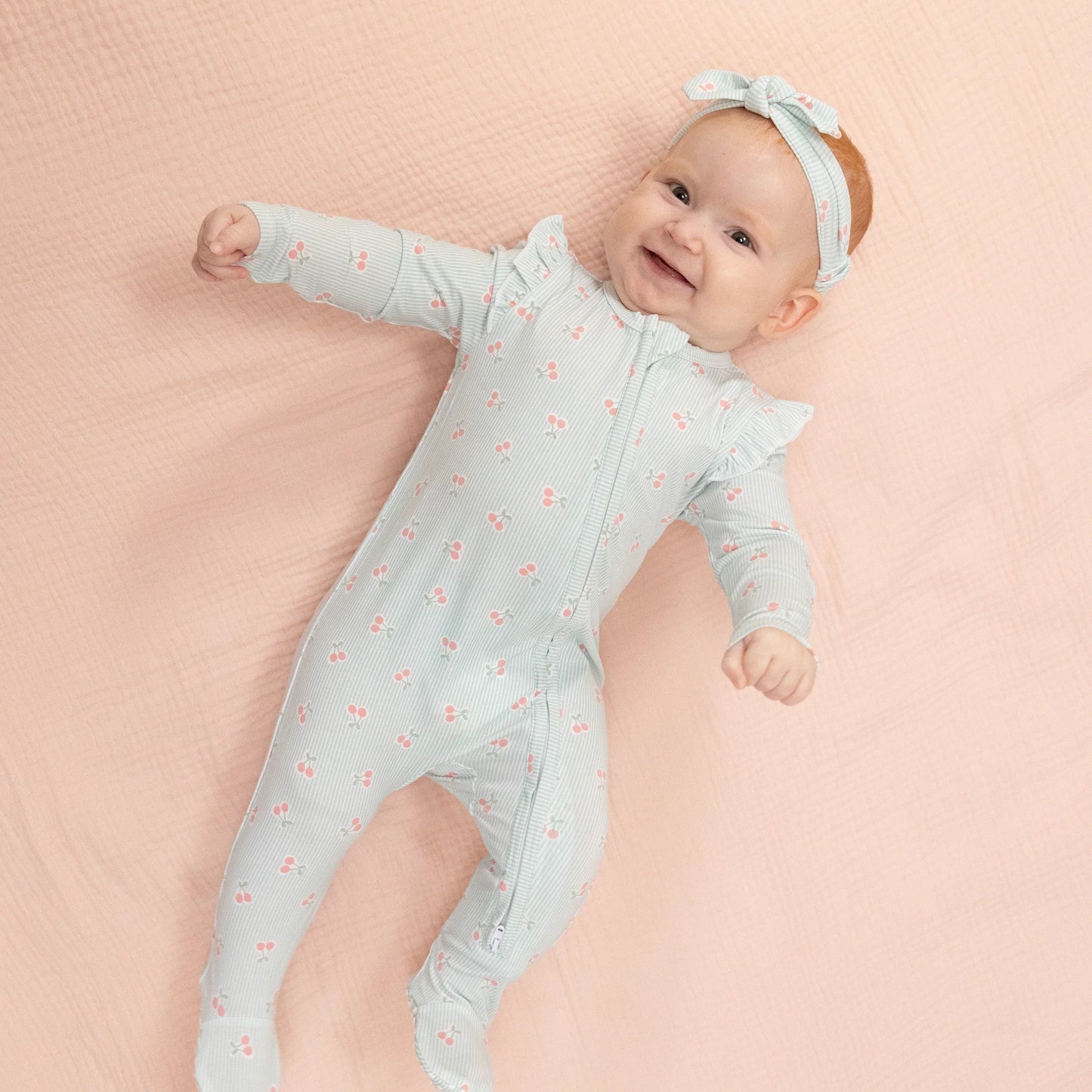 Tiny Cherry Stripe Zip Footie
