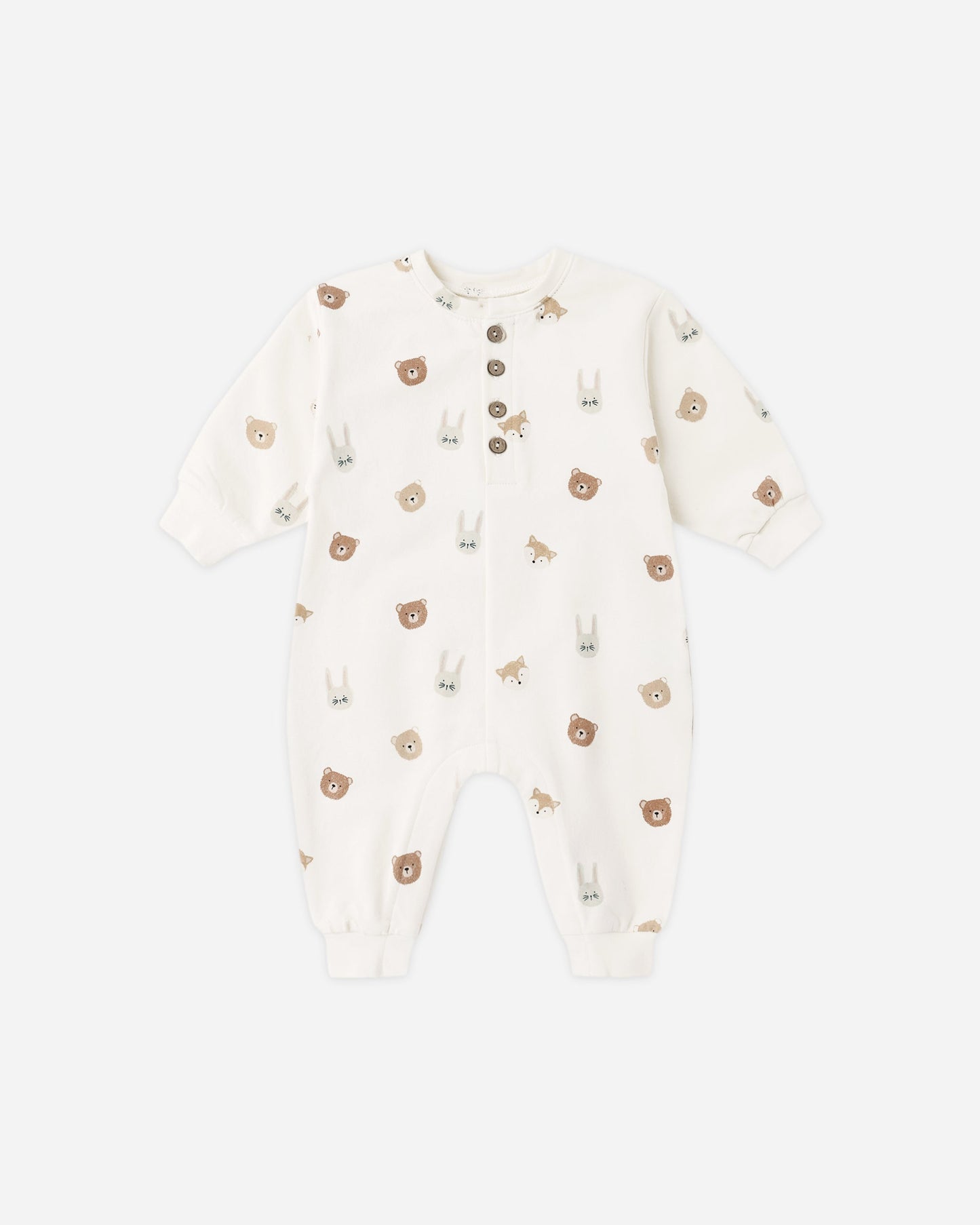 Baby wearing Quincy Mae Critters henley jumpsuit