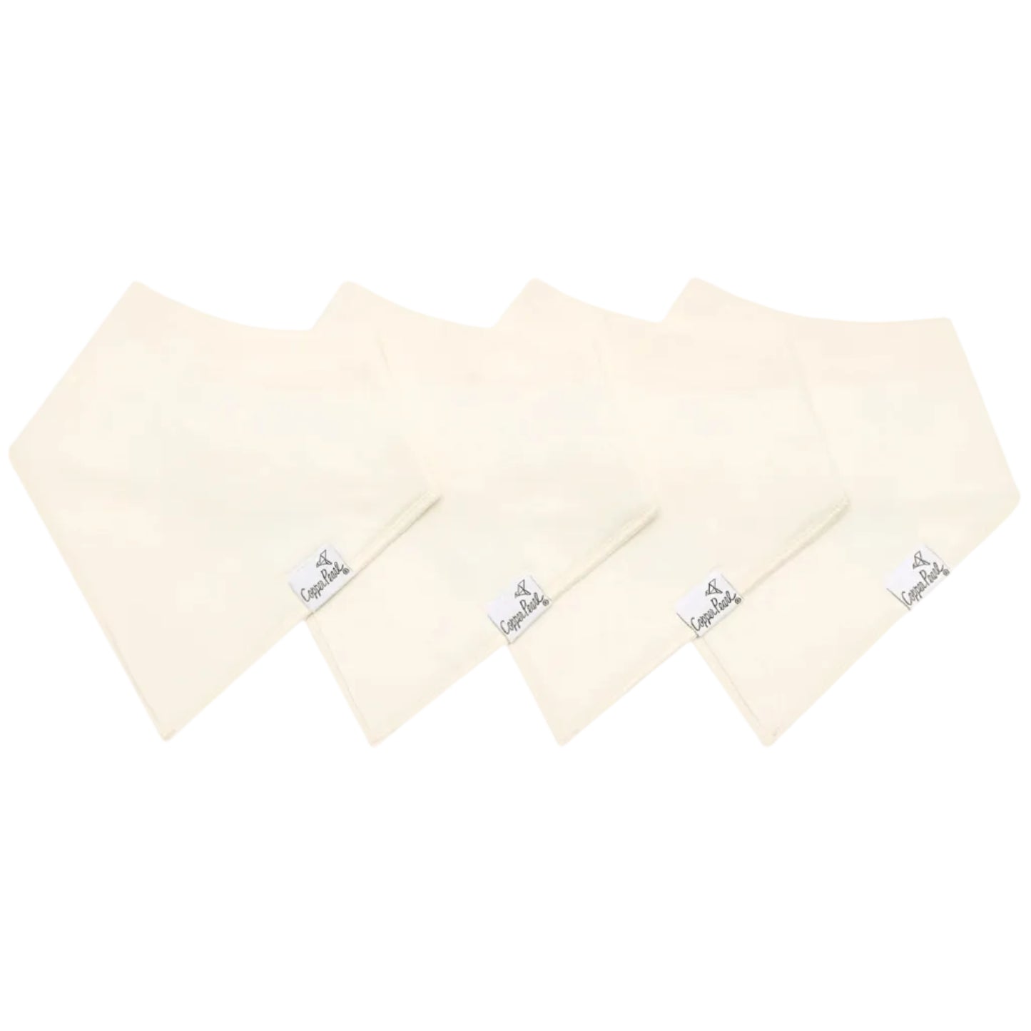 Four beige bandana bibs with a brand logo on a white background