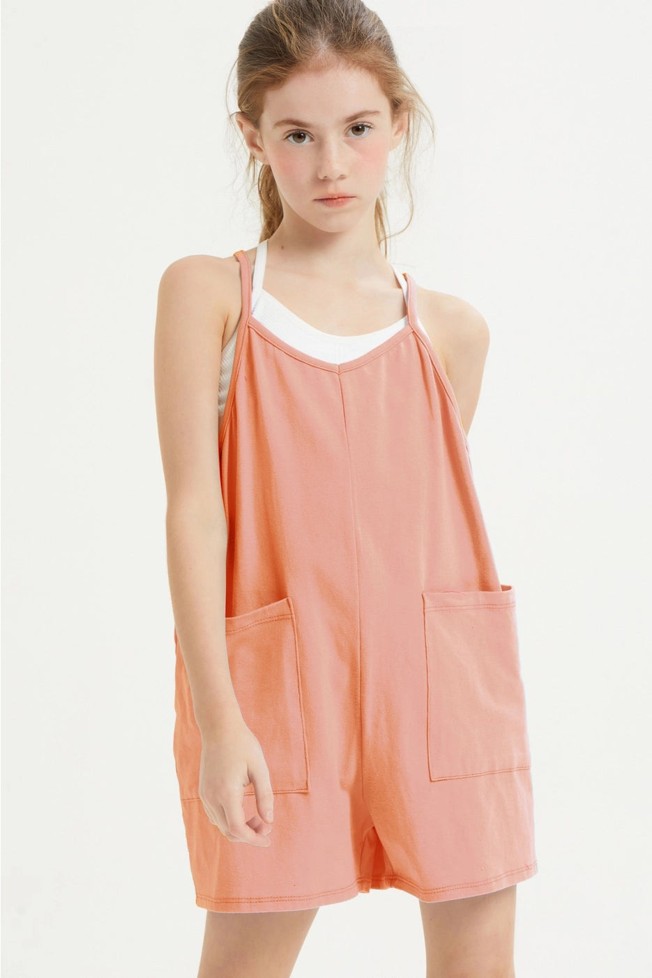 Peach Solid Cotton Romper