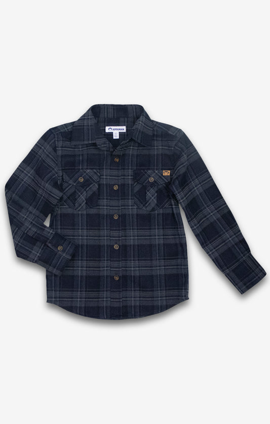 Boys dark navy plaid flannel button-up shirt with chest pockets