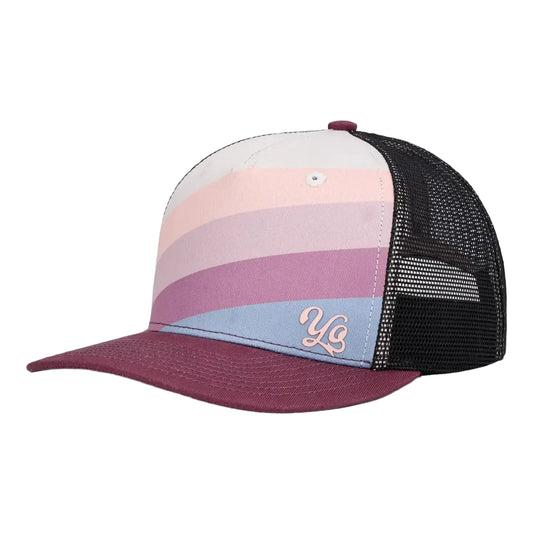 Colorful striped cap with a mesh back on a white background