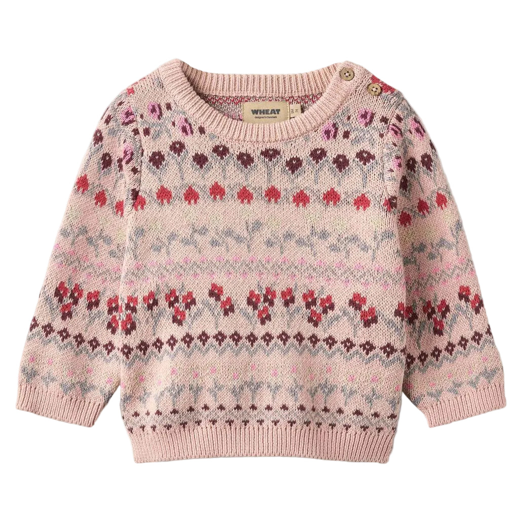 Dim rose jacquard knit pullover sweater for baby on a white background