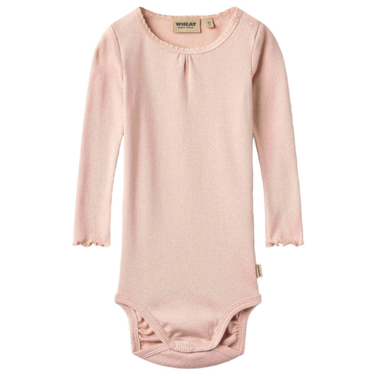 Dim rose ribbed long-sleeve bodysuit for baby on a white background