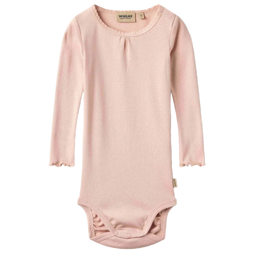 Dim rose ribbed long-sleeve bodysuit for baby on a white background