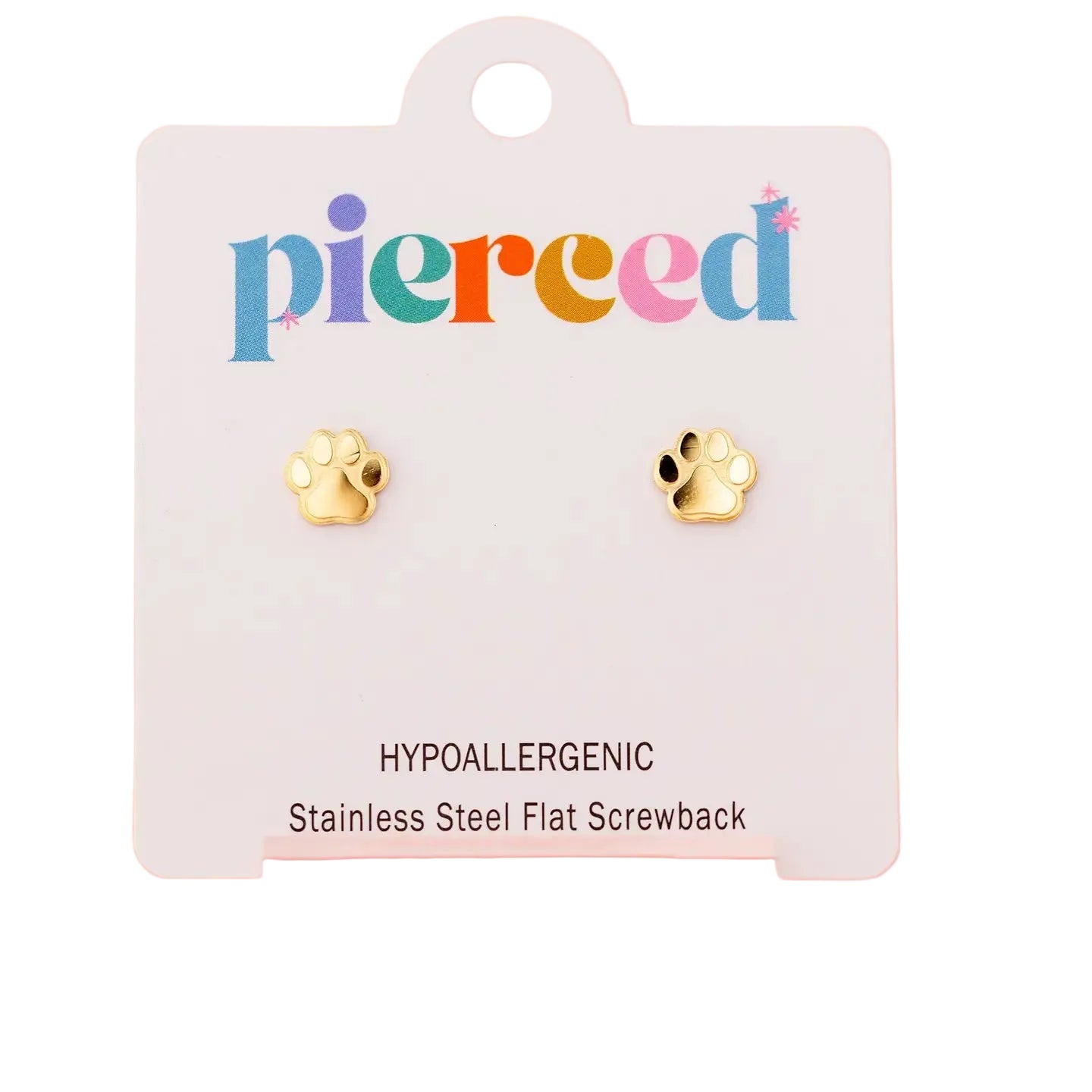 Gold paw-shaped earrings on a 'pierceed' branded card with a pink background