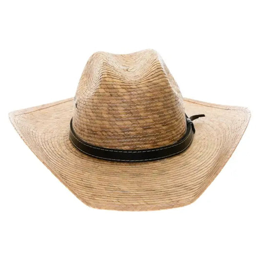 Beige straw hat with a black band on a white background