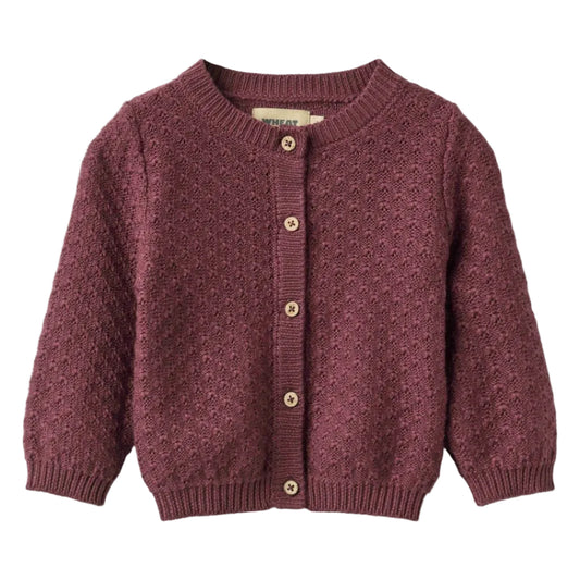 Eggplant knit cardigan for baby on a white background