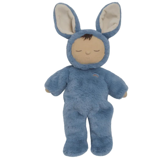 Stuffed toy in a blue bunny costume on a white background