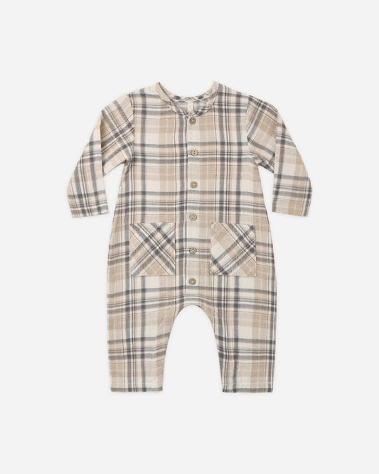 Baby wearing Quincy Mae Fall Plaid woven romper